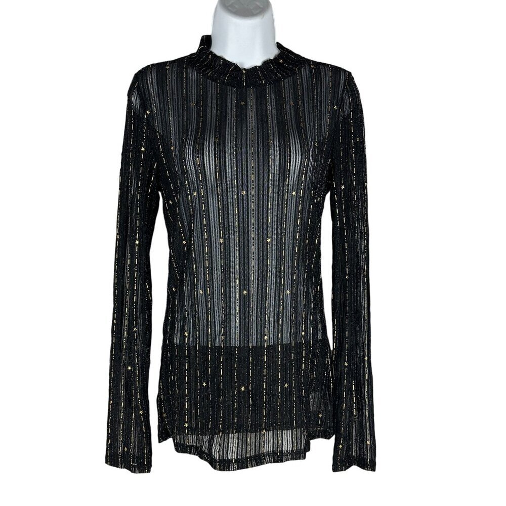 Blue B. Collection Womens Sheer Black & Gold Striped Long Sleeve Top Size L